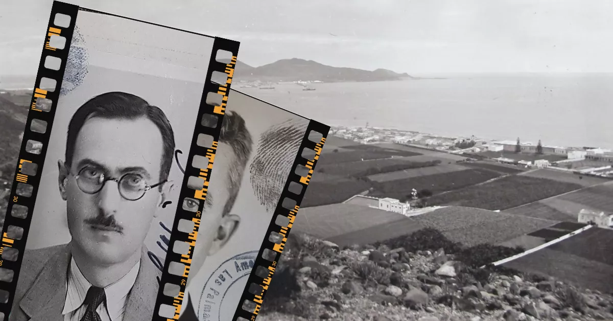 En primer plano, Thomas Alfree Weir, espía estadounidense en Canarias, sobre fotos de otros espías y una imagen antigua de Las Palmas de Gran Canaria./ MONTAJE AH