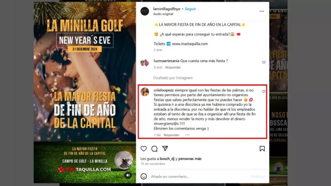 Comentario de una usuaria quejándose de la gestión de los organizadores del evento / AH