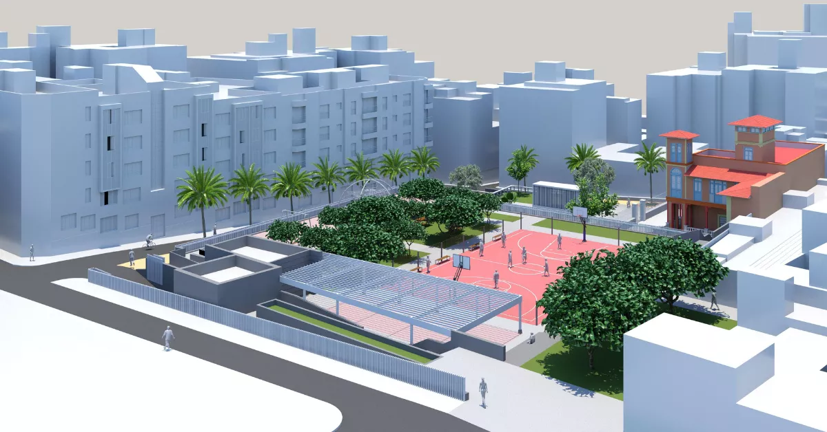 Proyección de cómo quedará el aparcamiento con pista deportiva de Casa Pisaca, en El Toscal./ CEDIDA