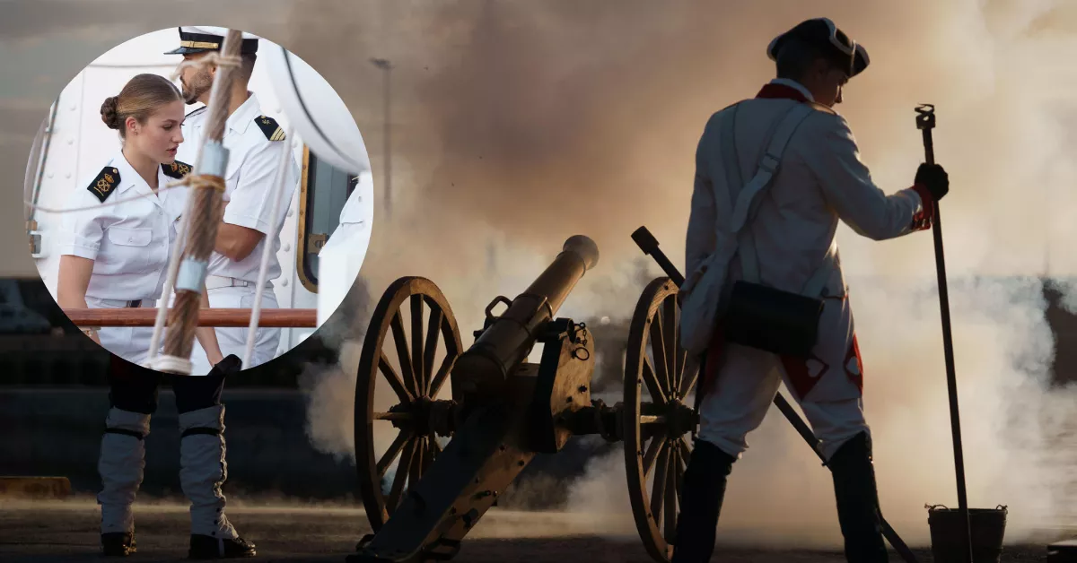 Dos cañoneros de La Gesta reciben a la princesa Leonor con diez cañonazos a su llegada a Santa Cruz de Tenerife en el buque Juan Sebastián de Elcano./ EFE