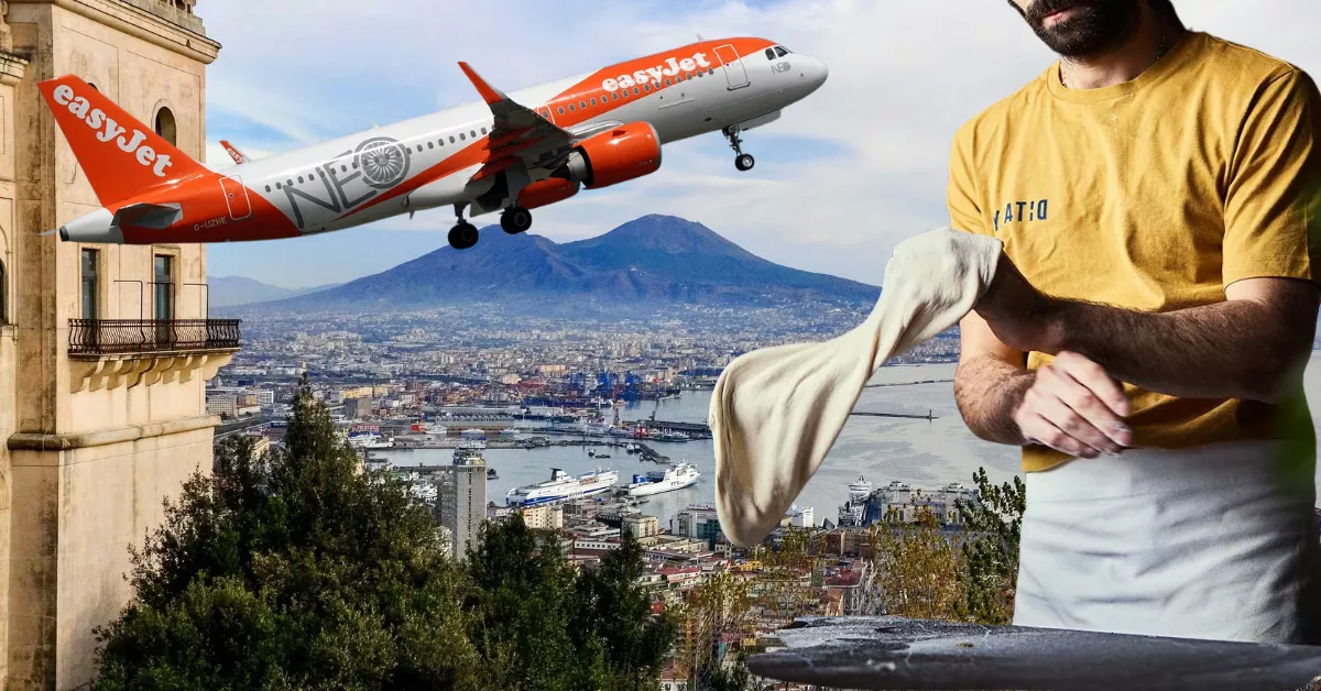 Un avión de EasyJet sobre Nápoles y un pizzero napolitano./ MONTAJE AH