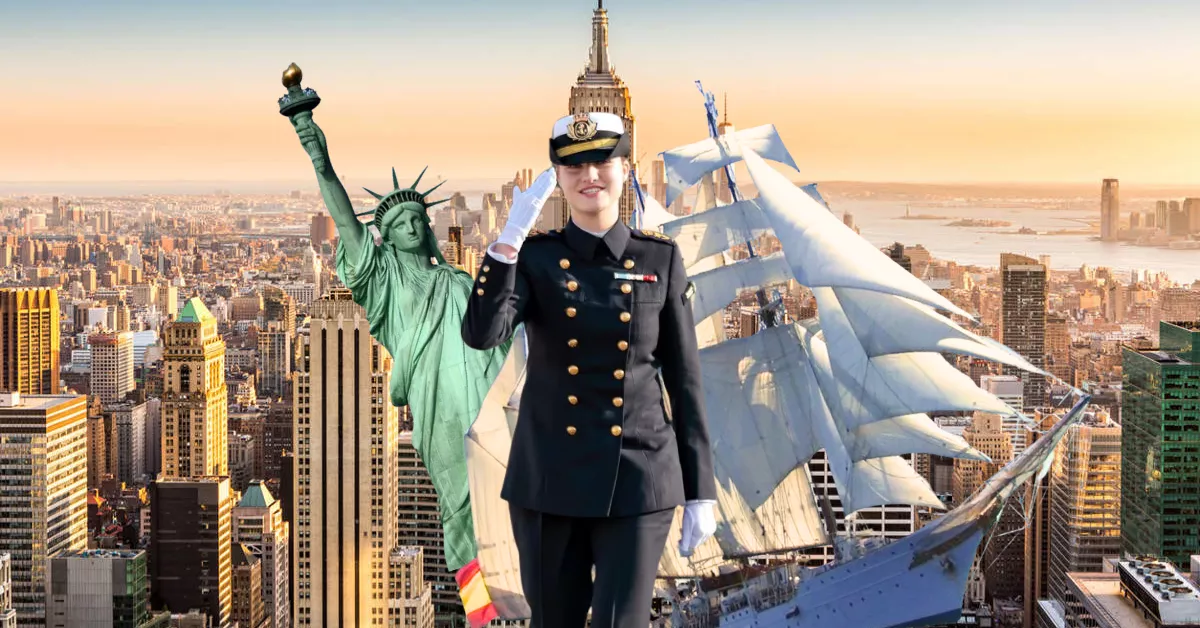 La princesa de Asturias, Leonor de Borbón Ortiz, en Nueva York a bordo del buque Juan Sebastián Elcano./ MONTAJE AH