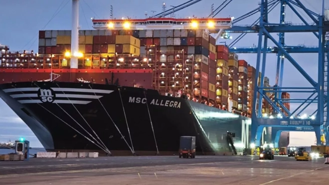 El buque 'MSC Allegra', uno de los más grandes del mundo, en plena operación de carga y descarga en el Puerto de Las Palmas. / AH