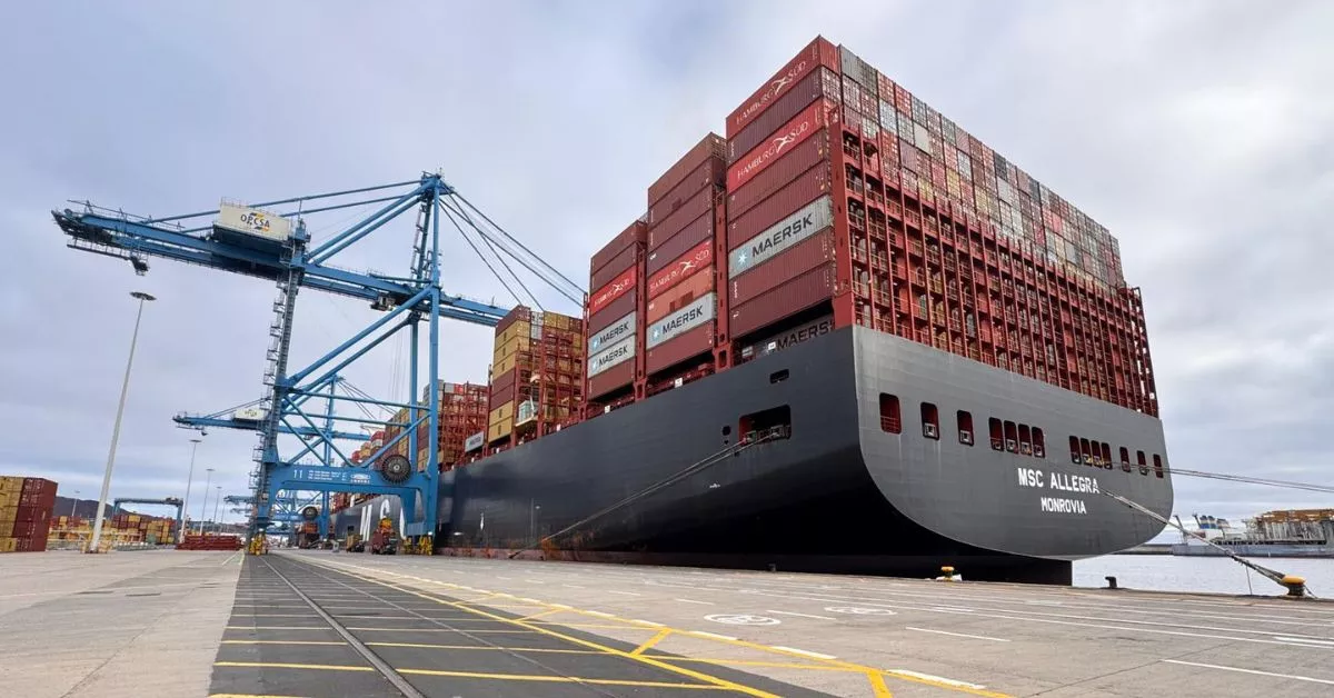 Detalle del buque 'Allegra' durante la operación de carga y descarga de contenedores en el Puerto de Las Palmas. / AH
