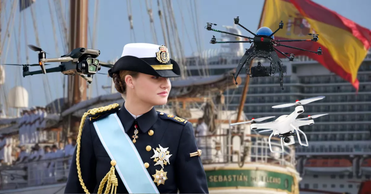La princesa Leonor de Borbón rodeada de drones con el buque Juan Sebastián Elcano de fondo, atracado en Las Palmas./ MONTAJE AH
