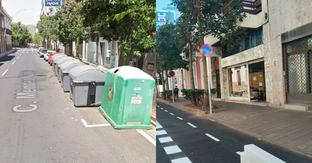 Antiguos cubos de basura en la calle Méndez Núñez de Santa Cruz, antes del carril bici de Tarife e imagen actual de esta vía. / Montaje Atlántico Hoy