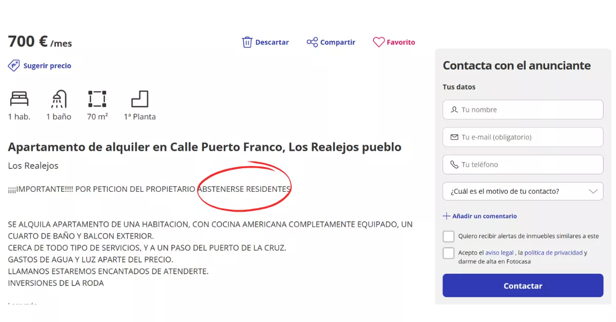 Anuncio de una vivienda en alquiler en Tenerife que pide abstenerse residentes. FOTOCASA