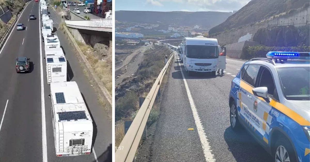 Atasco de autocaravanas en la GC-2, a la salida de Las Palmas de Gran Canaria, en dirección a Arucas, con motivo de la manifestación celebrada este fin de semana. / MONTAJE AH