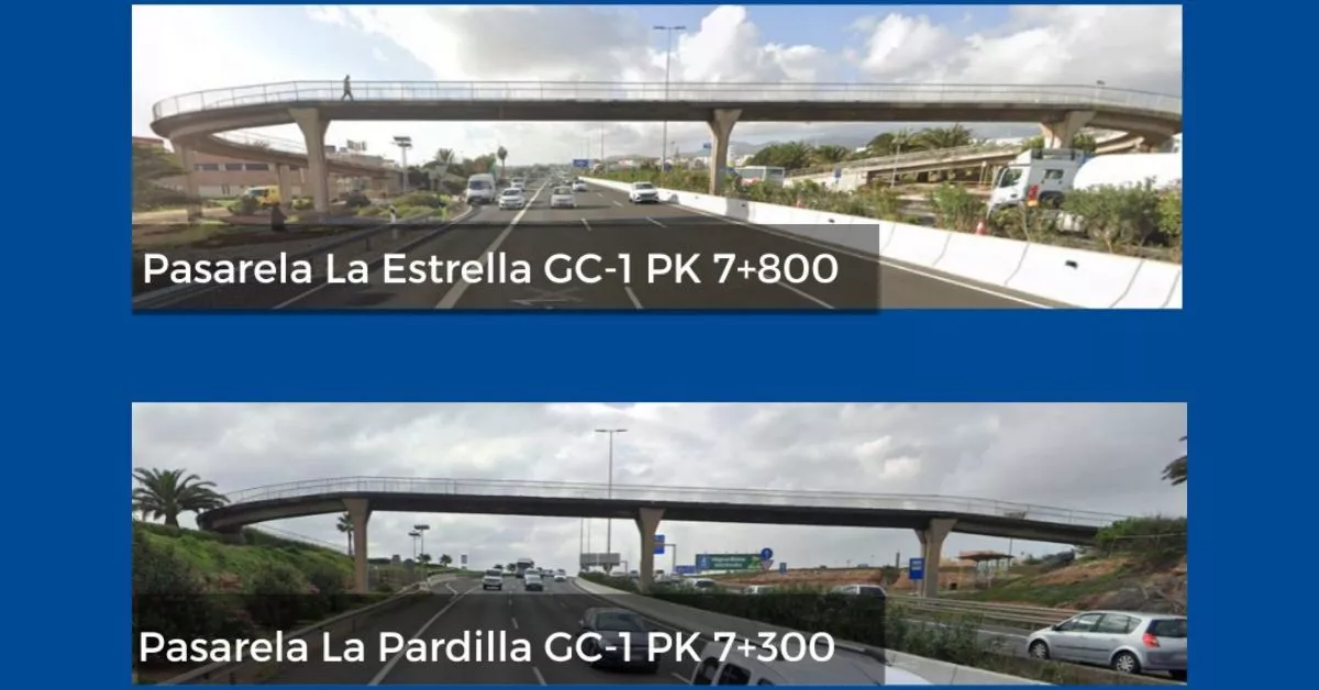 Tramos de la GC-1 que serán cortados este domingo en dirección Sur para arreglar las pasarelas de La Pardilla y La Estrella. / AH