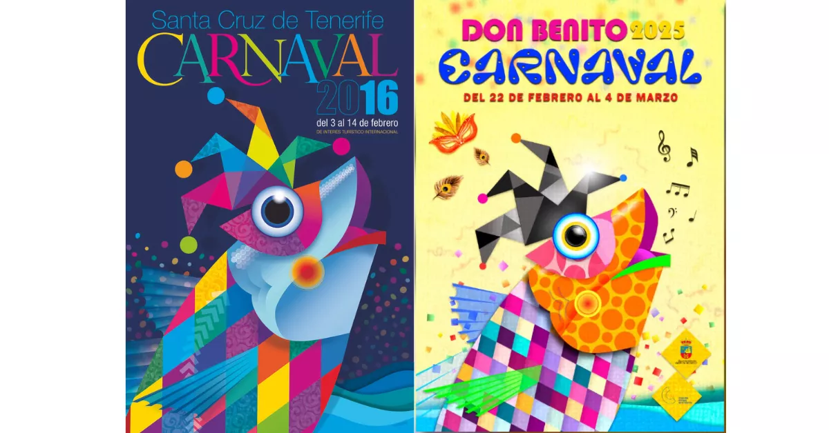 Imagen del cartel del Carnaval de Santa Cruz de Tenerife 2016 y del Carnaval de Don Benito 2025. / MONTAJE AH 