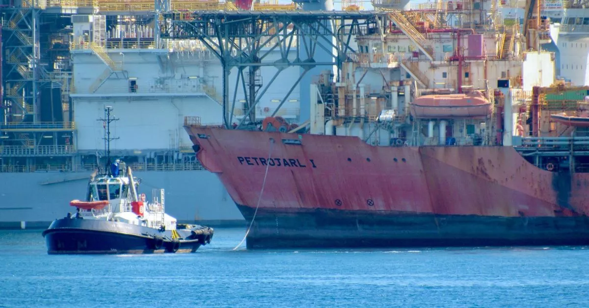Un remolcador de Boluda tira de la proa del buque durante la maniobra de entrada al puerto. / NICOLÁS AROCHA