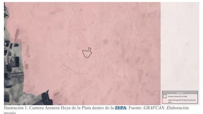Gráfico del informe de alegaciones de Ecologistas en Acción en el que muestran que la zona de extracción se incluye en la de protección de Aves. /Ecologistas en Acción Gráfico del informe de alegaciones de Ecologistas en Acción en el que muestran que la zona de extracción se incluye en la de protección de Aves. /Ecologistas en Acción