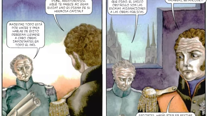 Viñeta de la biografía en cómic 'Agustín de Betancourt y Molina'. /Museos de Tenerife Viñeta de la biografía en cómic 'Agustín de Betancourt y Molina'. /Museos de Tenerife