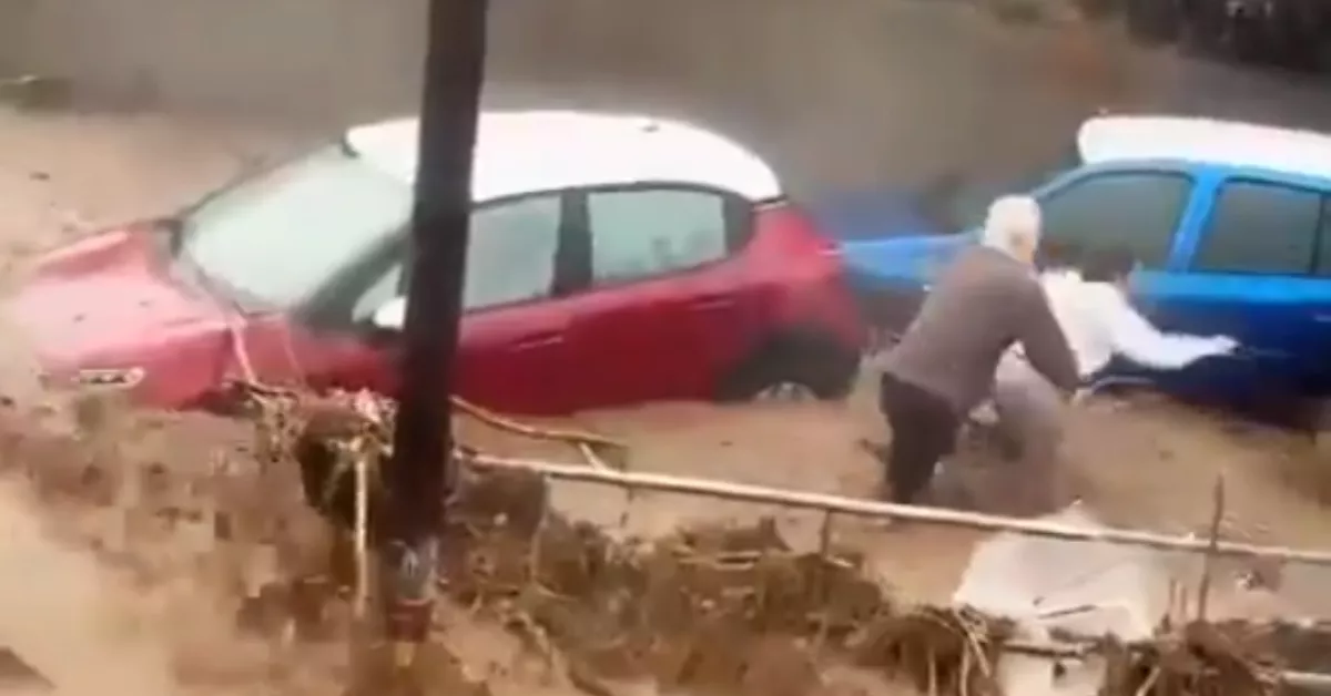 Mujer salvada in extremis de morir atrapada en un coche durante una riada en Telde./ RRSS