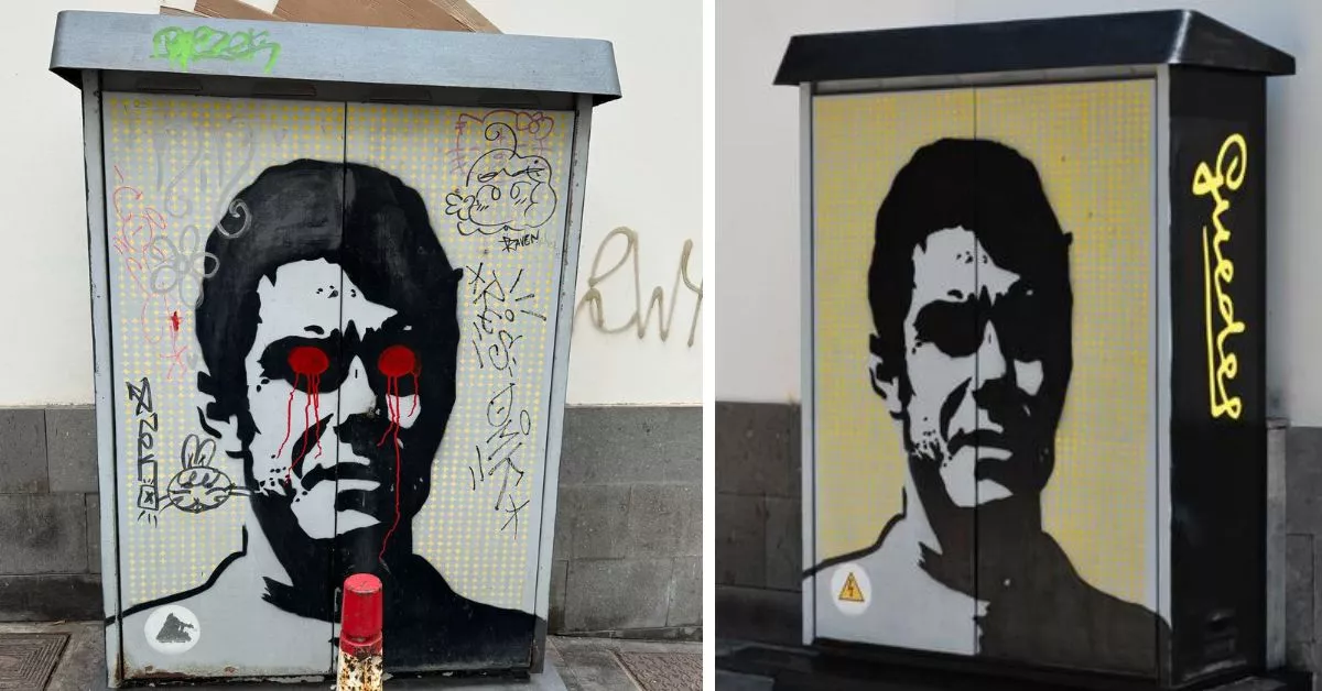 A la izquierda, estado actual del retrato de Juan Guedes, realizado por el grupo artístico CNFSN, frente a una imagen de 2011. / AH 