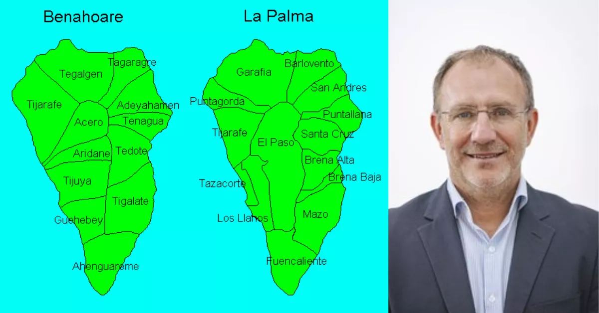 aborigen de La Palma) y los actuales municipios palmeros, junto con una imagen del presidente del Cabildo, Sergio Rodríguez./ MONTAJE AH
