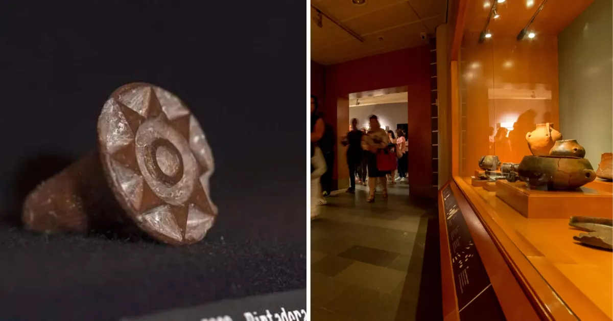 A la izquierda, una pintadera canaria; a la derecha la Cueva Pintada de Gáldar / AH