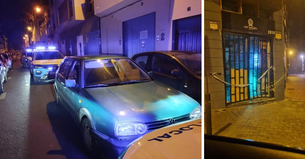 A la izquierda, el coche robado con el que se cometió el alunizaje al local de la calle Almansa, a la derecha./ CEDIDAS