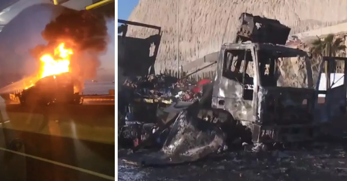 Un camión de víveres envuelto en llamas colapsa la GC-1 en sentido Las Palmas a la altura de La Laja./ AH