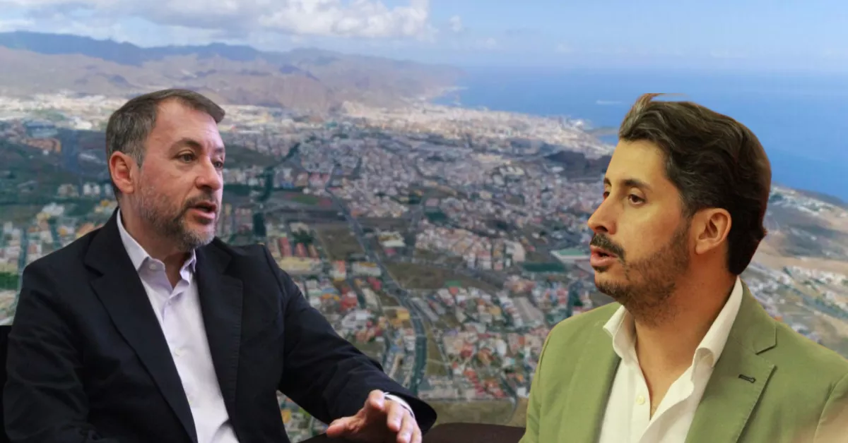 Los alcaldes de Santa Cruz de Tenerife (José Manuel Bermúdez, izquierda) y de La Laguna (Luis Yeray Gutiérrez, derecha) sobre una imagen aérea del Área Metropolitana de Tenerife./ MONTAJE AH