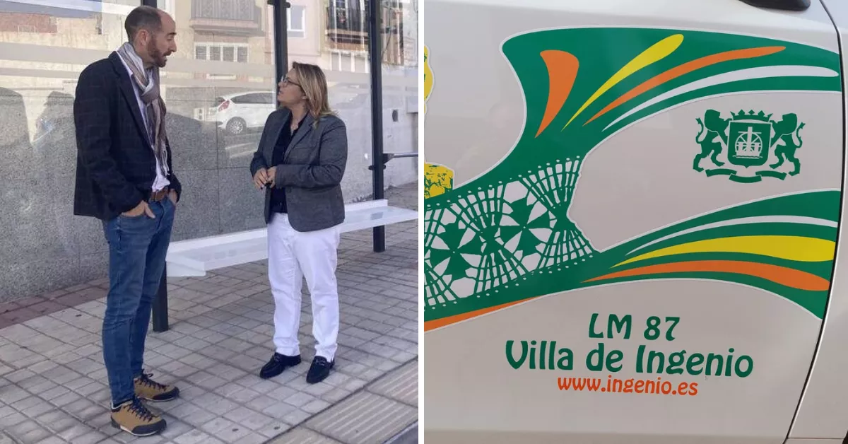 A la izquierda, Óliver Navarro junto a la alcaldesa de Ingenio, Vanesa Martín; a la derecha, la puerta de un taxi de Ingenio / MONTAJE AH