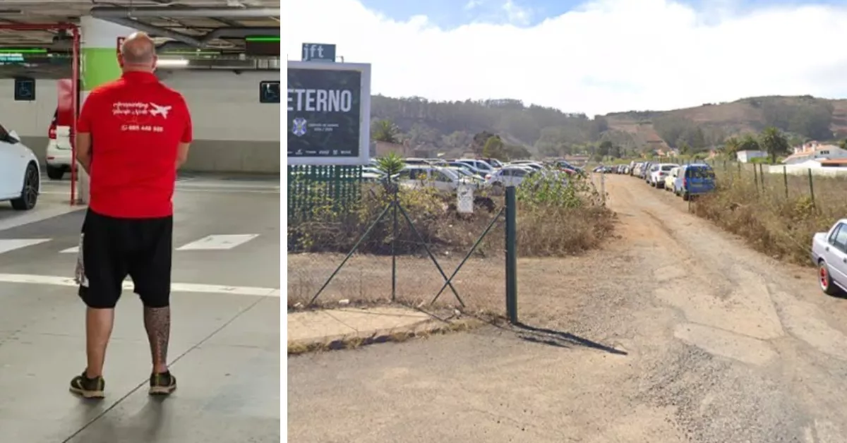 Imagen del aparcamiento low cost CB Aeroparking Tenerife Norte y uno de sus trabajadores, de espaldas./ MONTAJE AH
