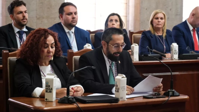 Los concejales de Vox, Adaisy Pérez (i) y José Sanabria (2i) en el Ayuntamiento de Granadilla.ALBERTO VALDÉS EFE