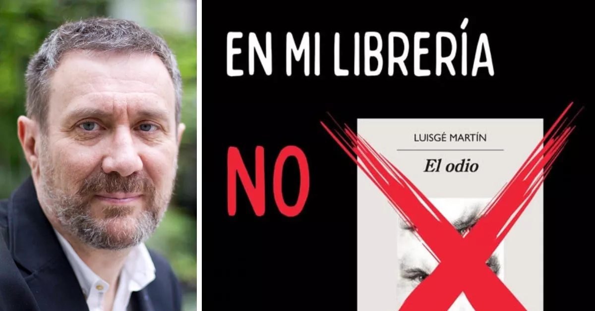 El periodista Luisgé Martín, autor del libro 'El Odio', sobre José Bretón, y el cartel de la campaña de las librerías contra la obra./ MONTAJE AH