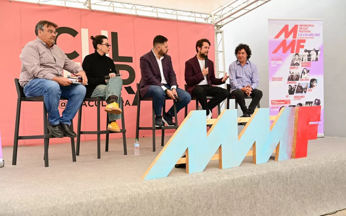 De izquierda a derecha, Pablo Rodríguez, Jeja, Josué Íñiguez, Víctor Ordóñez y Alejandro Ramos, durante la presentación del Monopol Musica Festival. / TONY HERNÁNDEZ