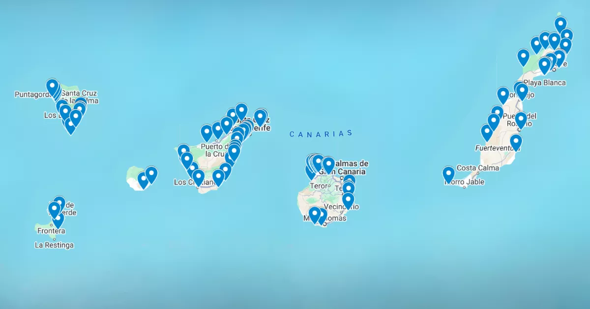 Mapa de los 80 núcleos costeros canarios que incumplen lo dispuesto en la ley de Costas./ ATLÁNTICO HOY