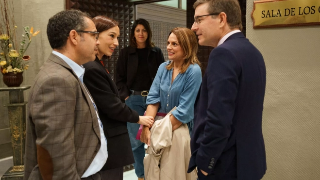 Noemí Santana dialoga con Nira Fierro (PSOE) en presencia de Gustavo Santana (PSOE) y Nicasio Galván (Vox). / RAMÓN DE LA ROCHA-EFE