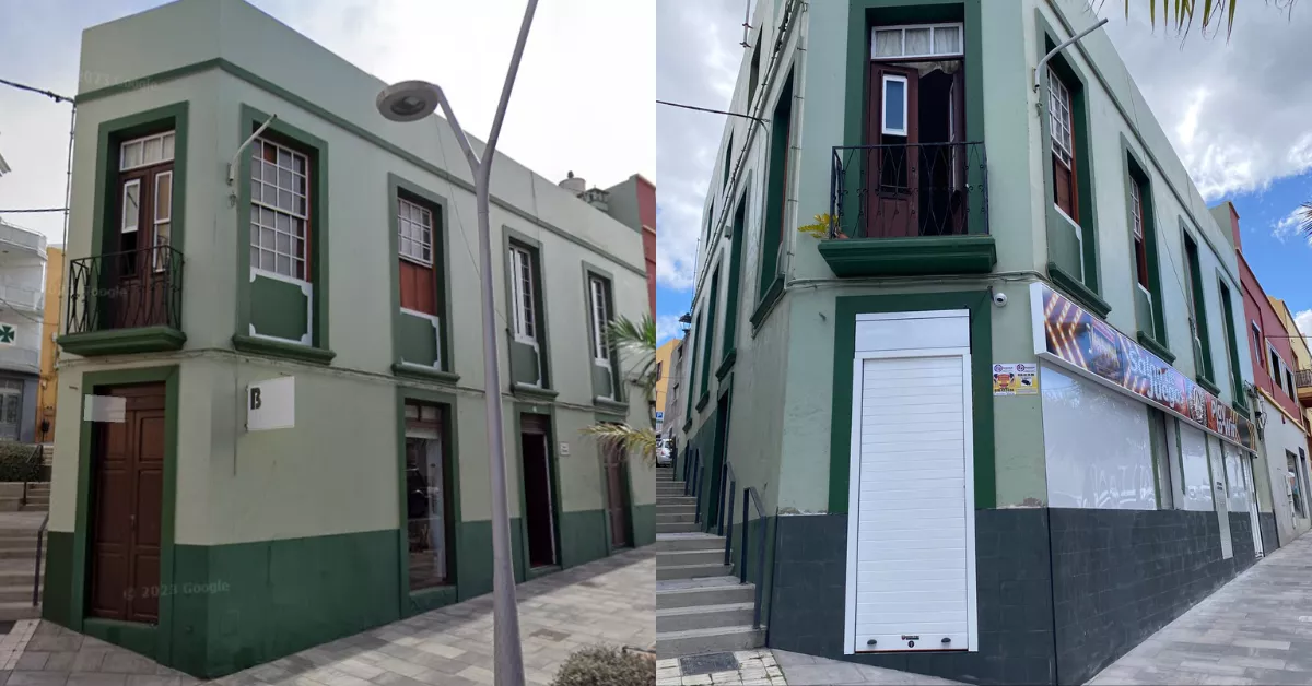 Antes y después de la fachada de un local en el casco histórico de Tazacorte convertido en salón de juegos. /RRSS Y GOOGLE
