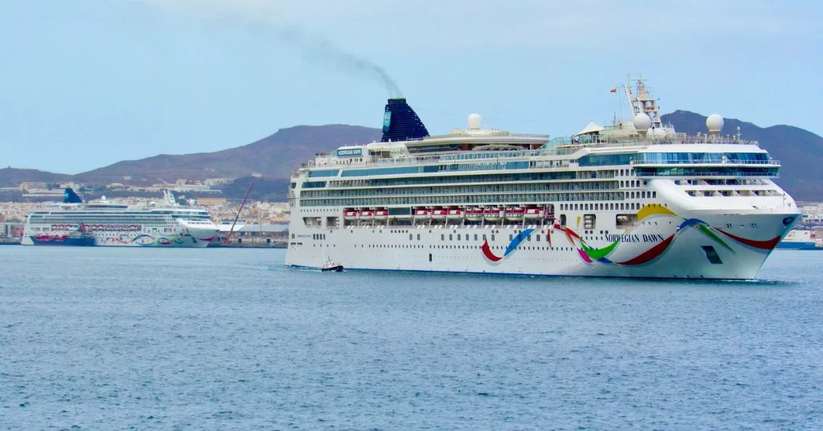 El crucero 'Norwegian Dawn' sale del Puerto de Las Palmas, tras coincidir en el muelle Santa Catalina con el ‘Norwegian Star’. Es la primera vez que la compañía hace doblete en La Luz. / NICOLÁS AROCHA