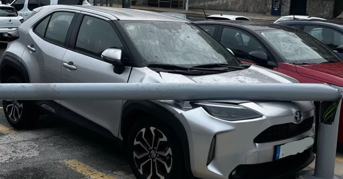 Una farola aplasta un coche en Mogán por el viento de la borrasca Nuria./ Alex Becket
