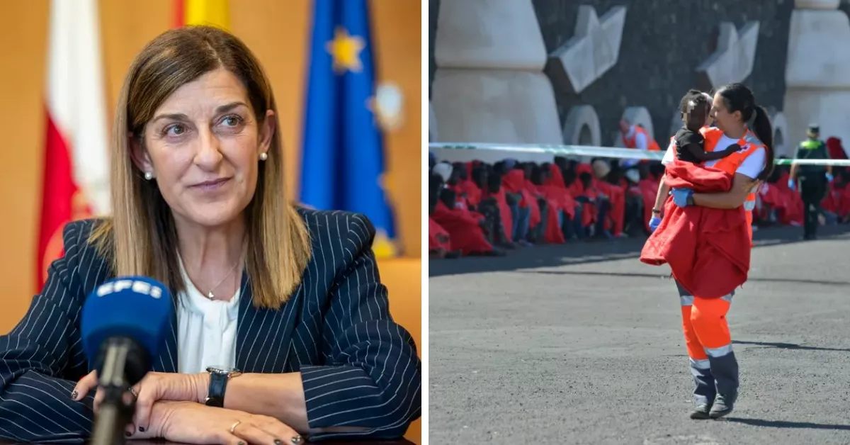 La presidenta de Cantabria María José Sáenz de Buruaga y una trabajadora de Cruz Roja con un menor migrante / MONTAJE AH - EFE