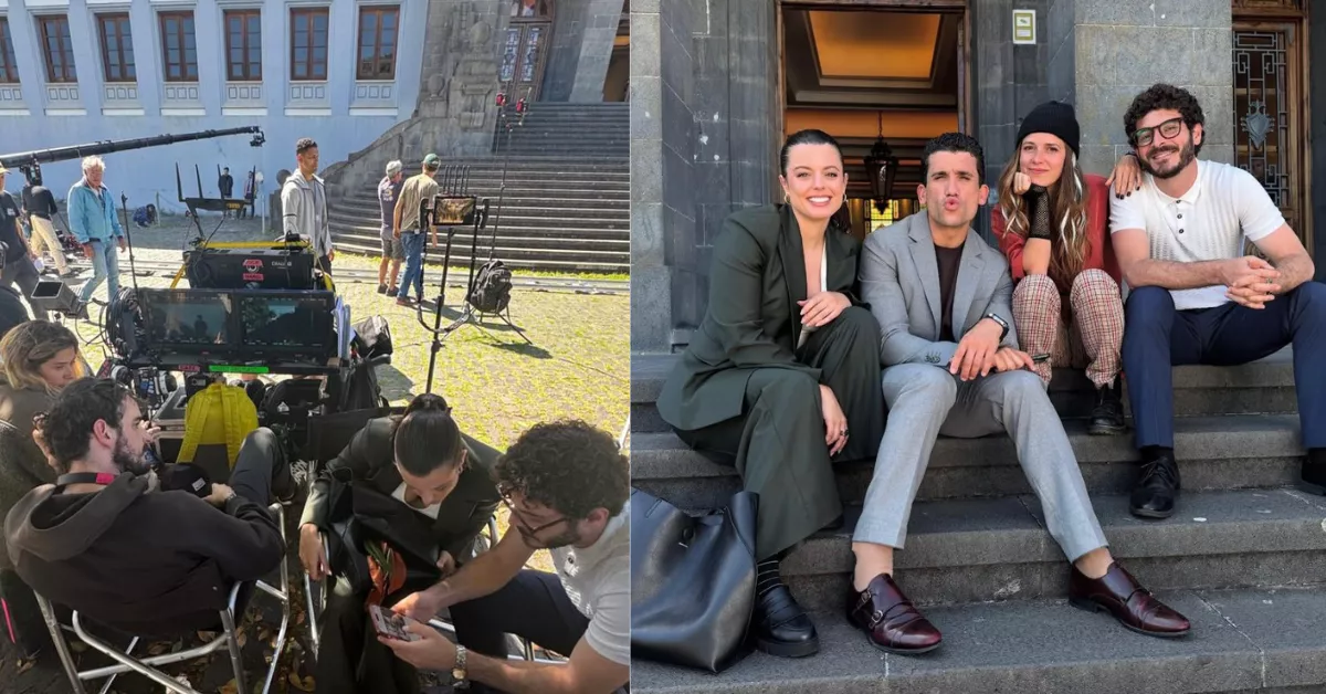 Adriana Torrebejano, Jaime Lorente, Ana Jara y Antón Lofer durante la grabación de 'Coartadas' en la ULL/ RRSS