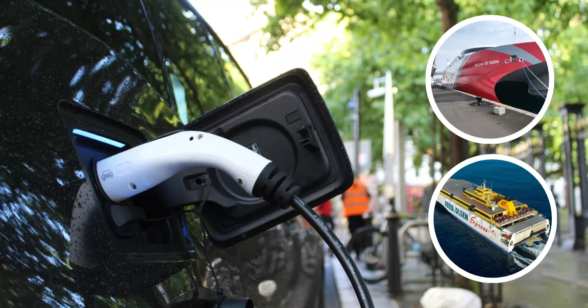 Imagen de un vehículo cargando junto a los barcos de Naviera Armas y Fred Olsen. / MONTAJE AH
