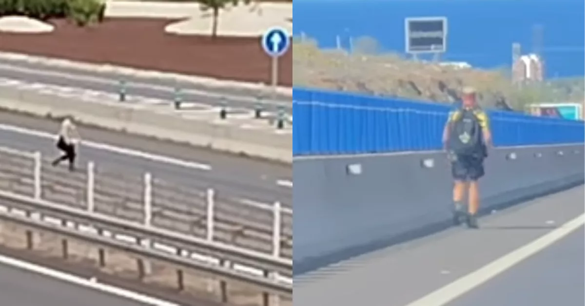 Dos personas caminando por las autopistas TF-5 y la TF-1 respectivamente. / MONTAJE AH 