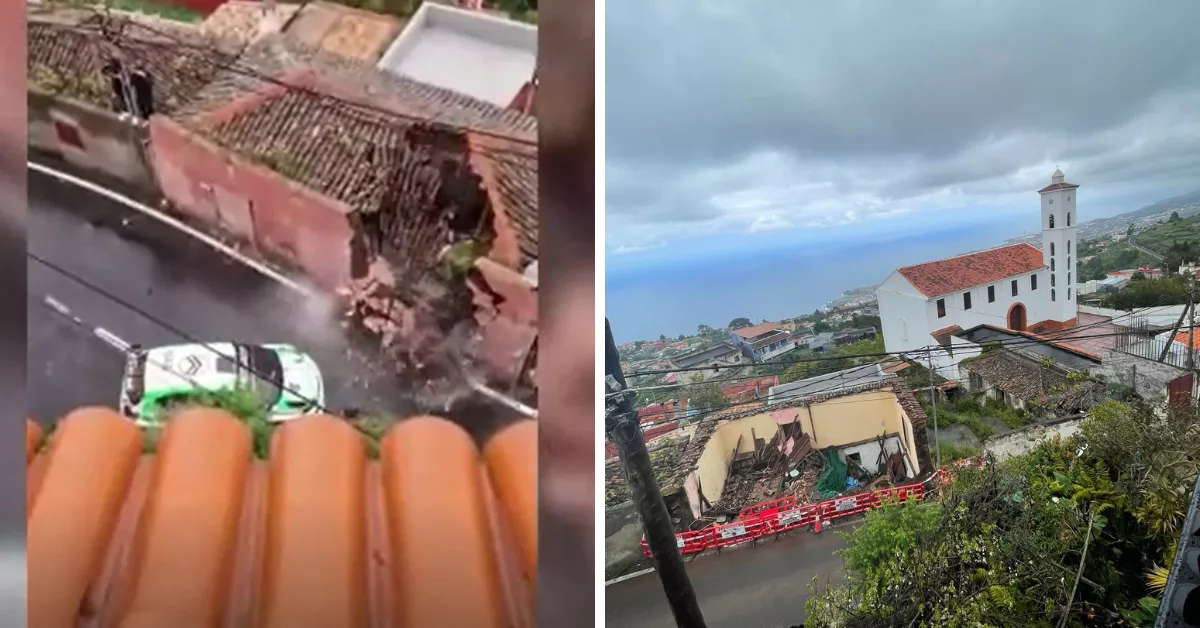 A la izquierda, momento del impacto del coche de rally de Yeray Lemes contra una casa en Los Realejos. A la derecha, imagen tomada por Rocío Rodríguez del estado de la casa horas después./ RRSS