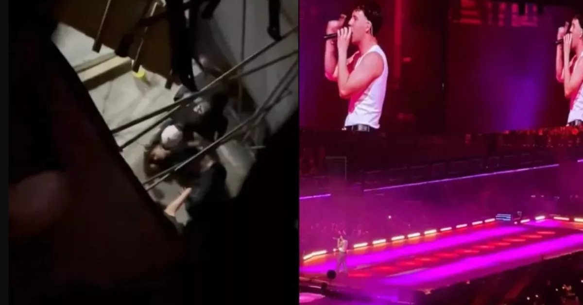 A la izquierda de la imagen, tres personas en el suelo tras caer desde la grada y a la derecha el artista durante su actuación en México.  RRSS