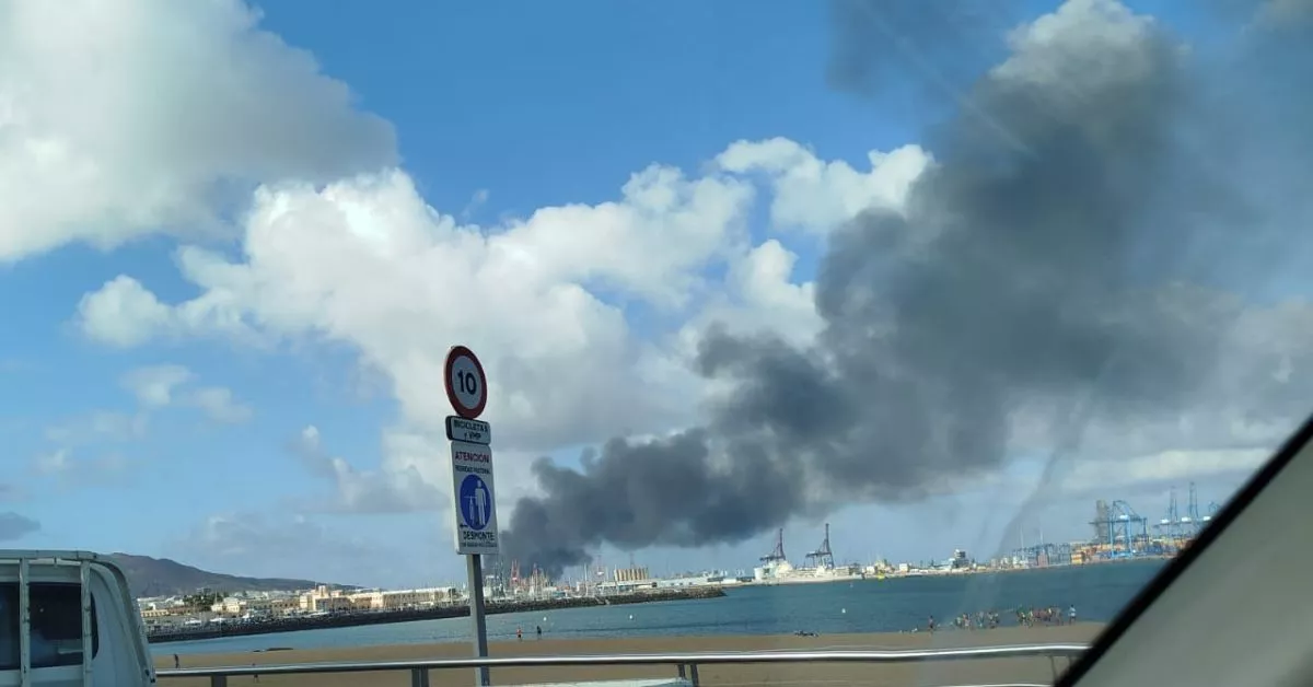 La columna de humo que ha dejado el incendio de contenedores en el Puerto de Las Palmas. / AH