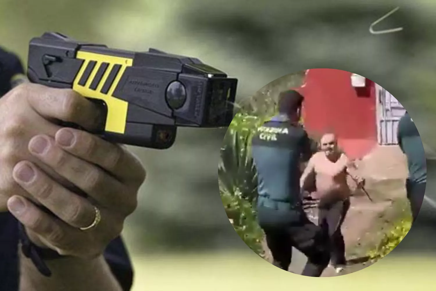 Montaje de una pistola taser y el incidente ocurrido el lunes en Vega de San Mateo entre dos guardias civiles y un hombre con un cuchillo./ MONTAJE AH