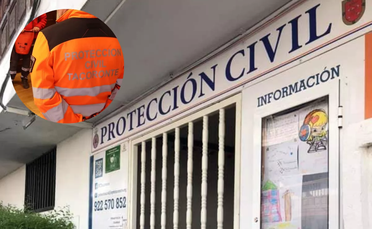 Imagen de un miembro de Protección Civil de Tacoronte junto a su sede. / MONTAJE AH