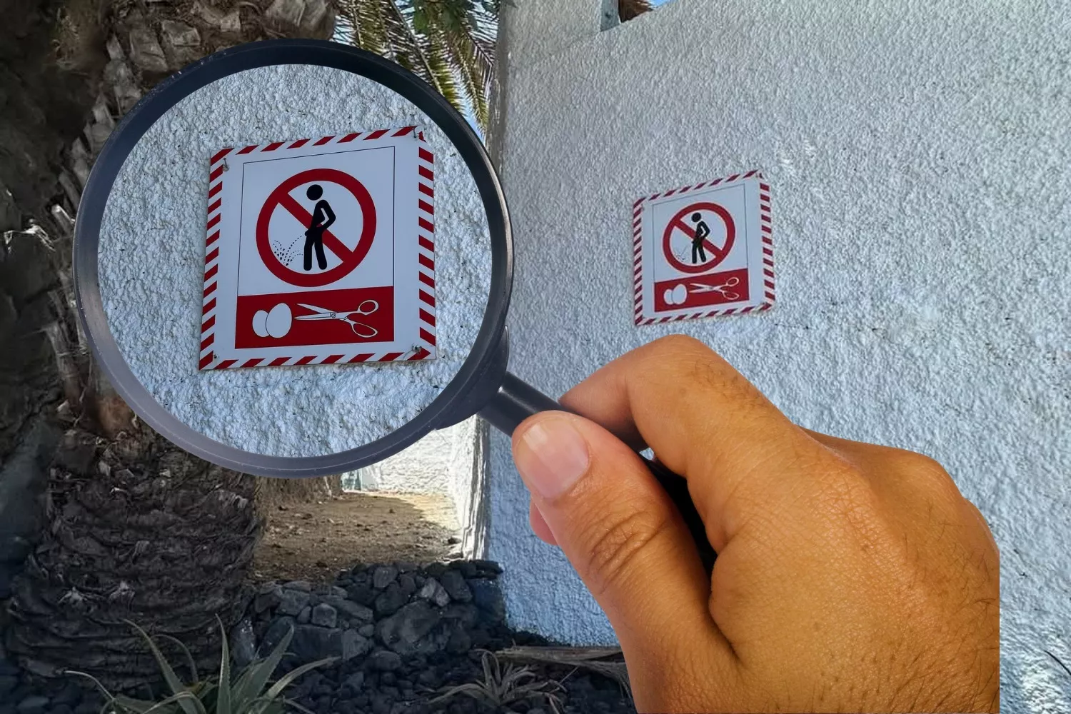 Cartel con unas tijeras y dos huevos para que nadie orine en el campo de fútbol El Peñón, en Puerto de la Cruz./ MONTAJE AH