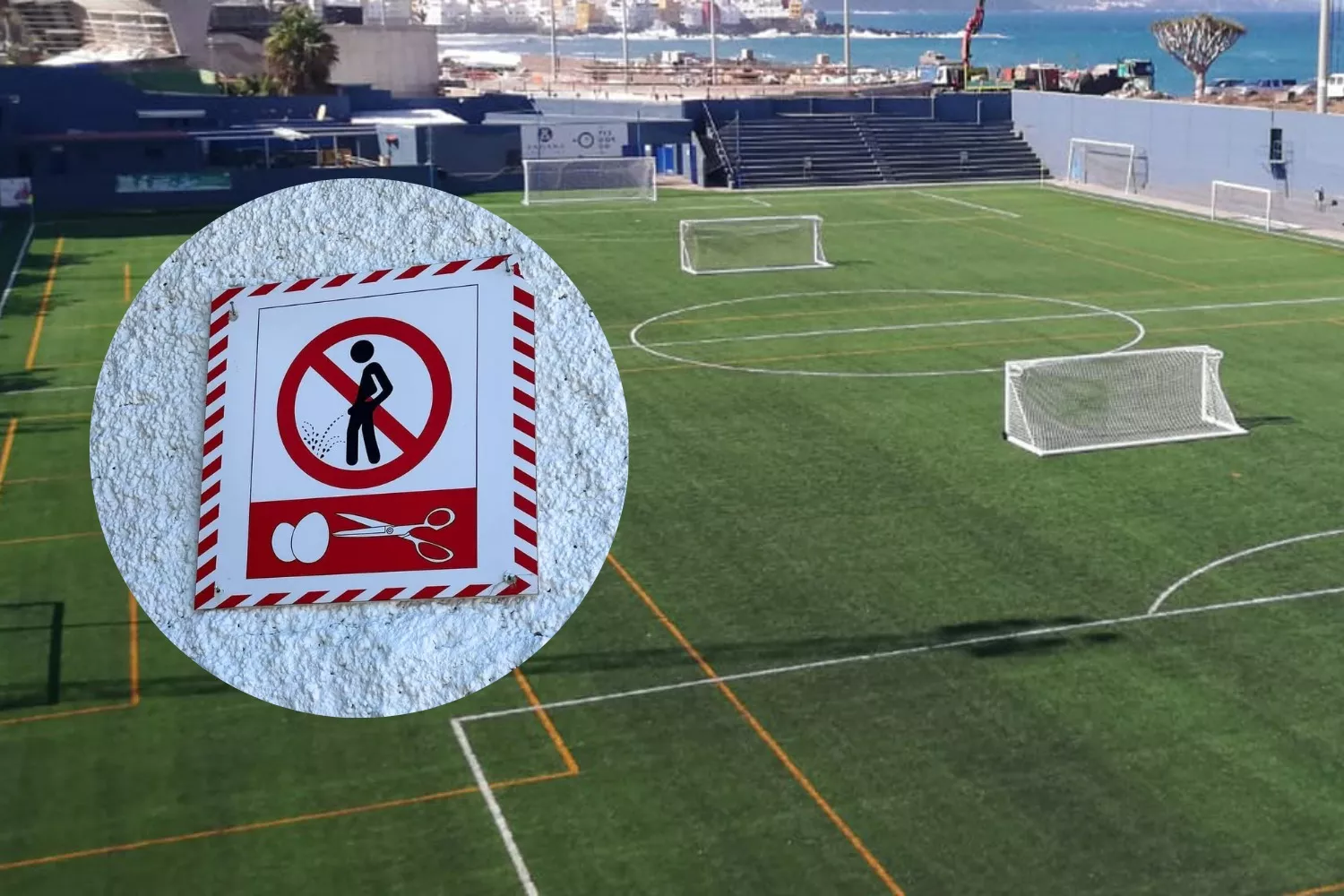 Montaje del campo de fútbol El Peñón, en Puerto de la Cruz, y el cartel que ha aparecido colgado en la entrada con unas tijeras y unos huevos./ AH