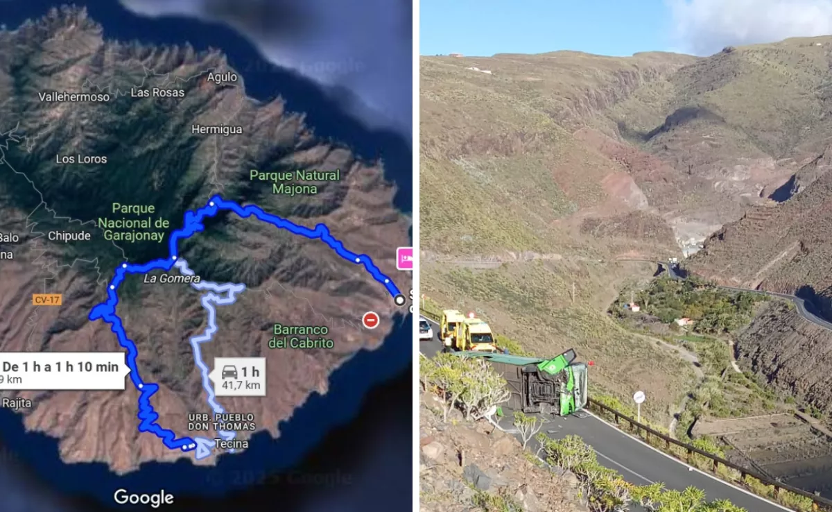 Imagen del mapa con la carretera cortada y una imagen del accidente de la guagua / MONTAJE AH