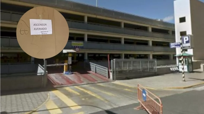 Fotomontaje en el que aparece una de las entradas del parking y uno de los carteles que informan de la avería de uno de los ascensores. / AH Fotomontaje en el que aparece una de las entradas del parking y uno de los carteles que informan de la avería de uno de los ascensores. / AH