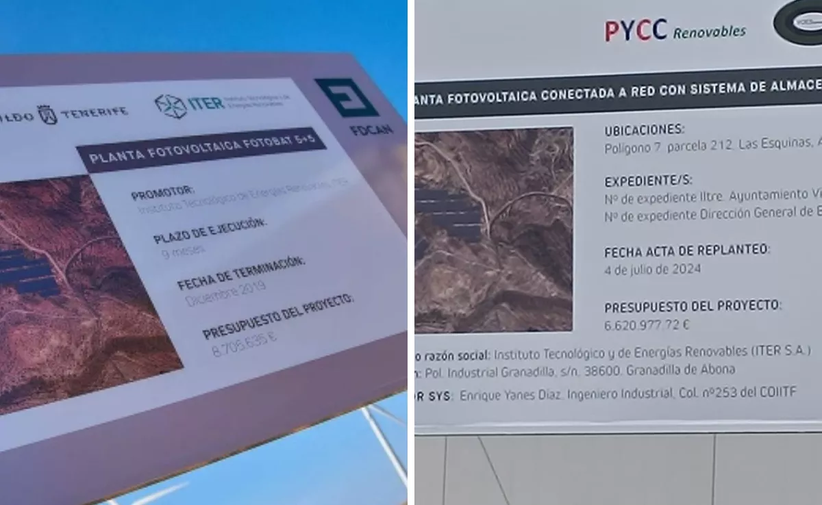Cartel del proyecto en 2019 (i) y cartel del proyecto en 2025 (d). / CABILDO DE TENERIFE CEDIDA
