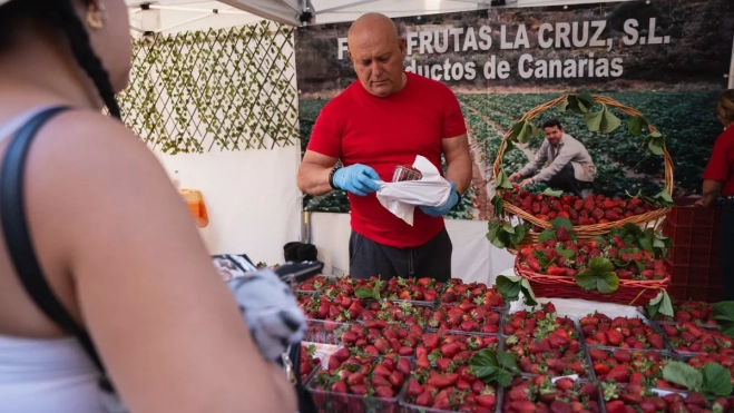Un frutero prepara una tarrina de fresas en una de los puestos de venta. / AH Un frutero prepara una tarrina de fresas en una de los puestos de venta. / AH