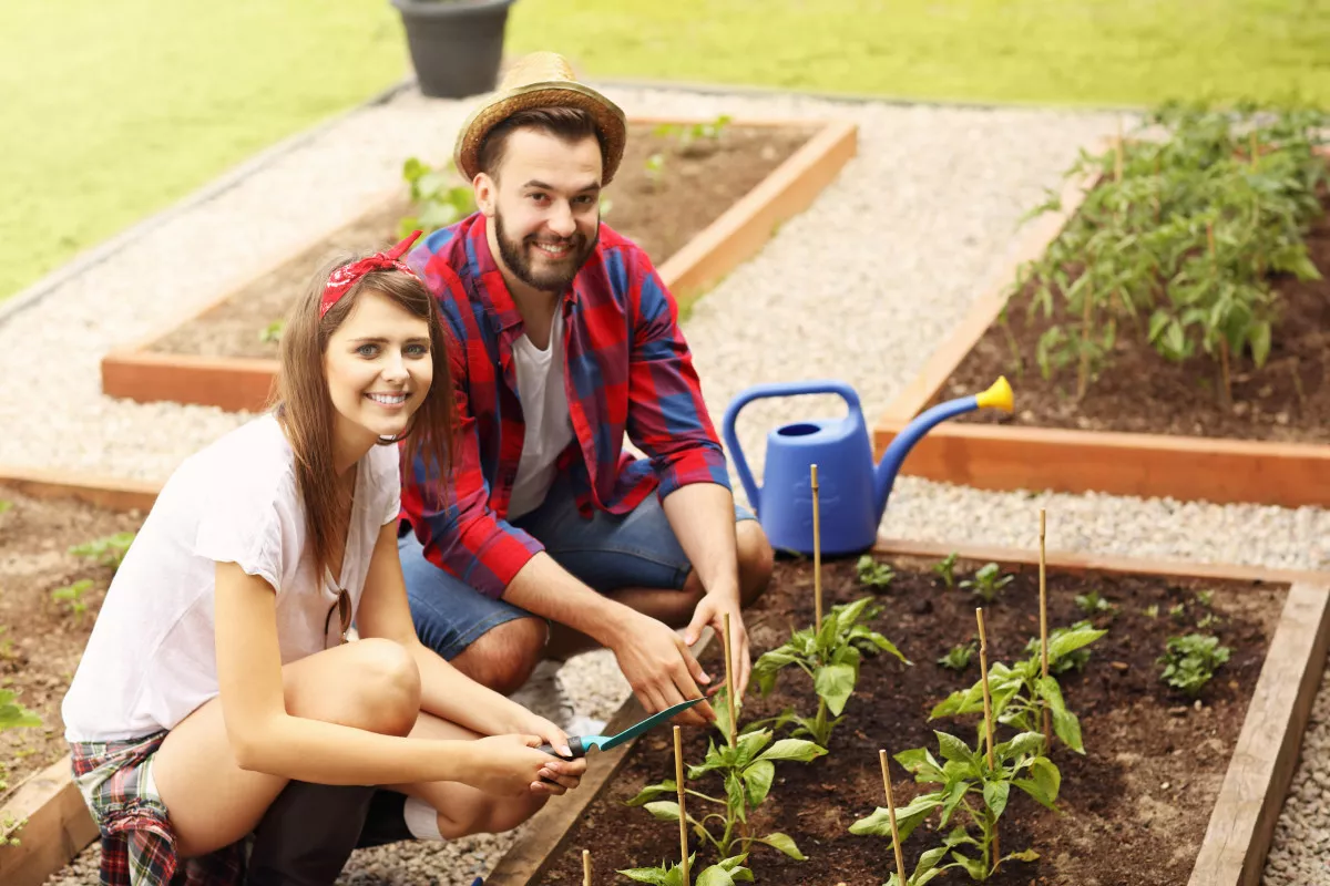 Dos jóvenes en una plantación urbana